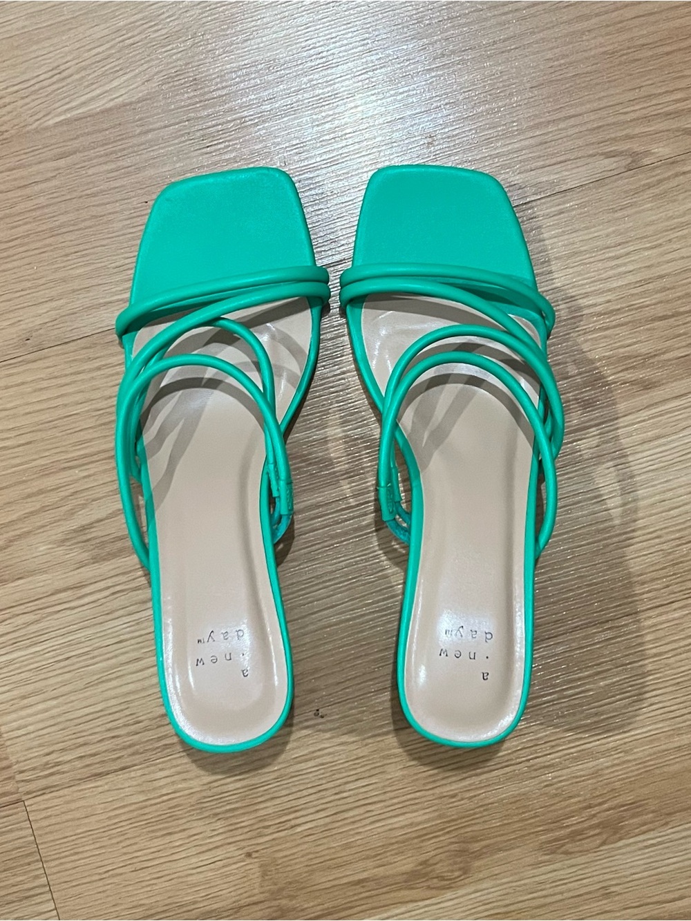 Green Strappy Square-Toe Heeled Sandals